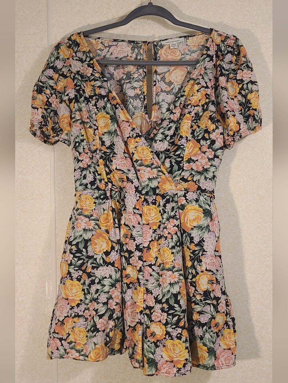 American Eagle Outfitters Black Floral Romper with Yellow & Pink Roses